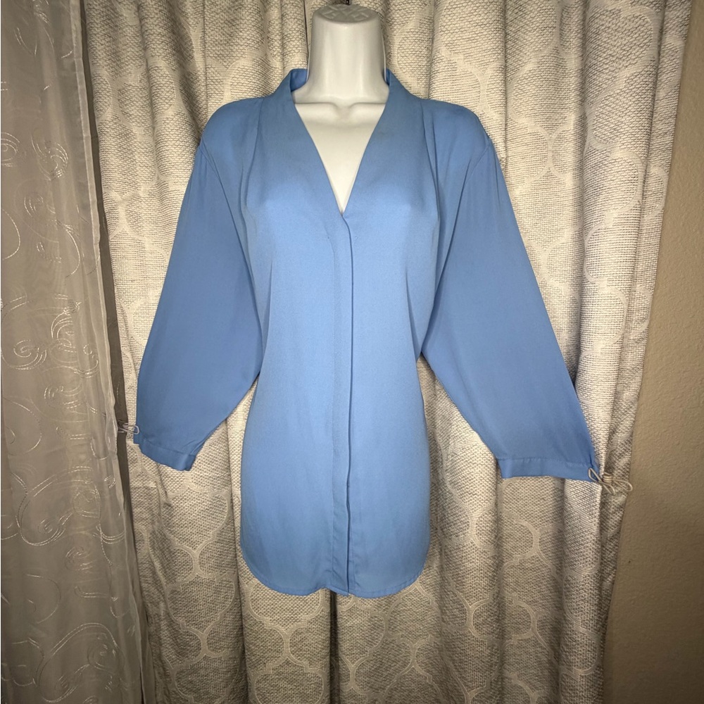 Investments II Women’s 1X Blue Blouse V-Neck 3/4 Sleeve Lightweight Top